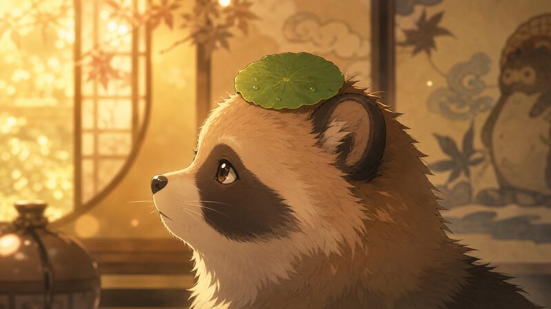 頭の葉っぱが化け狸の伝承を示唆する「君」(Kimi) のアニメ調イラスト(伏線)