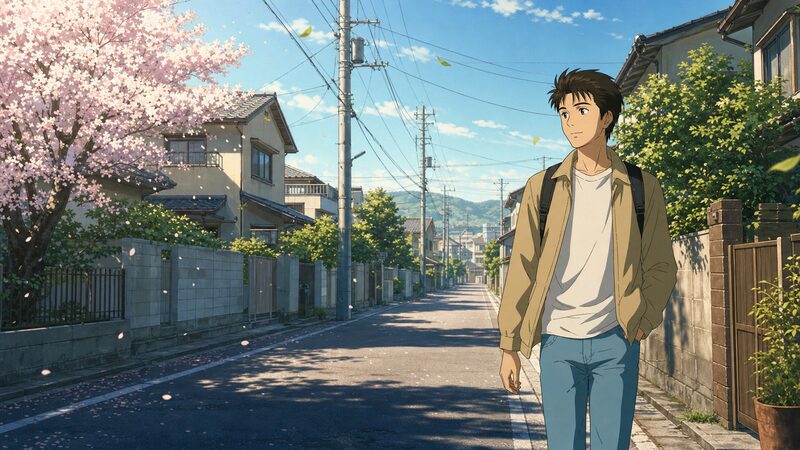 寄生獣で後藤戦後に訪れた平穏な日常を象徴する朝の住宅街を歩く新一のイラスト