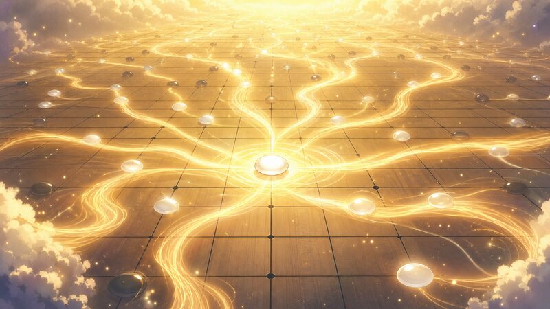 神の一手と碁の継承を象徴する碁盤のイメージ