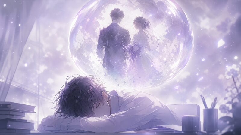 夢の中の結婚後の生活を象徴的に描いたアニメ調イメージ
