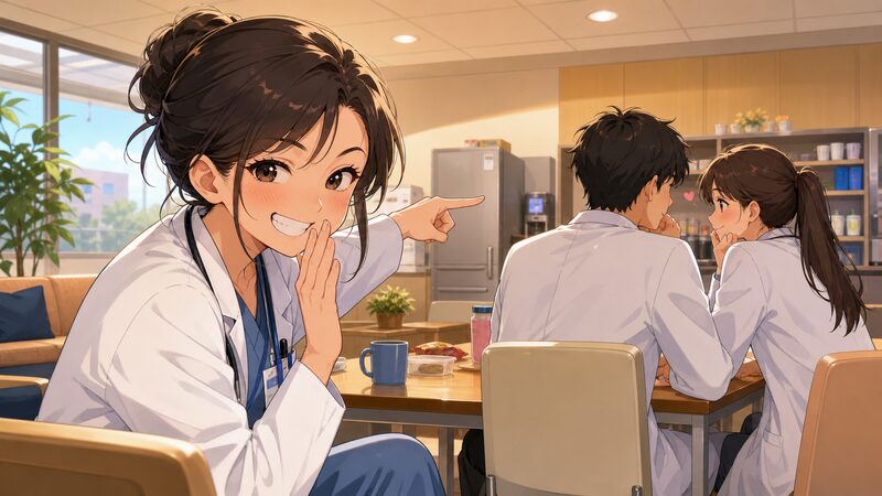 二人の仲をはやし立てる明るい女性研修医のアニメ調イメージ