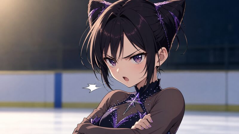 頑固な表情で言い切る猫耳ヘアの少女スケーターのアニメ調イメージ