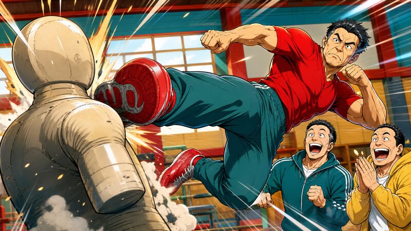東島丹三郎は仮面ライダーになりたいのアクションとギャグを表す場面