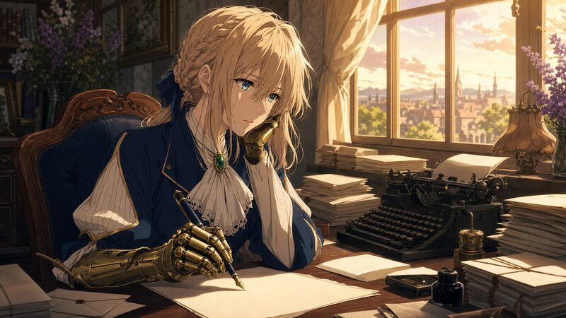 手紙を書きながら想いと向き合うヴァイオレットのアニメ調イメージ
