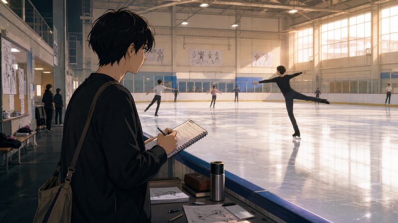 スケートリンクで取材メモを取る作家をイメージしたアニメ調イメージ