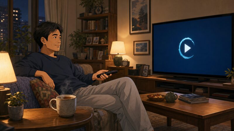 VODで天界編を見返す男性のイメージ