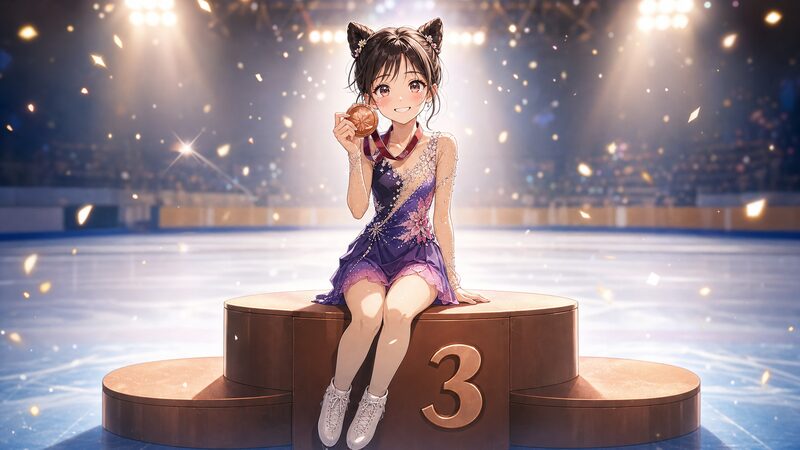 表彰台で3位のメダルを掲げる猫耳ヘアの少女スケーターのアニメ調イメージ