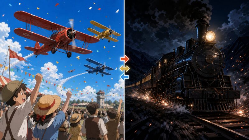 航空祭と列車襲撃事件の順番の違いを比較したアニメ調イメージ
