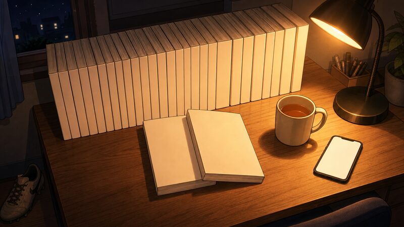 アオアシ 全40巻の単行本を並べて読み返す机の上