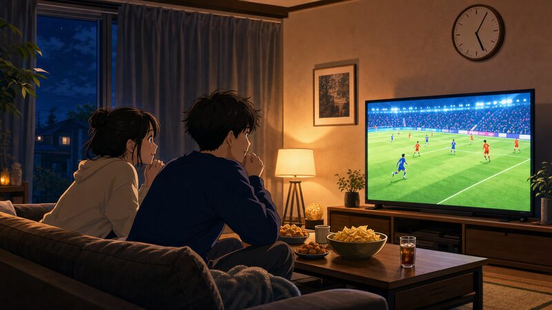 アニメ放送を待つ視聴者とテレビ画面のサッカー中継