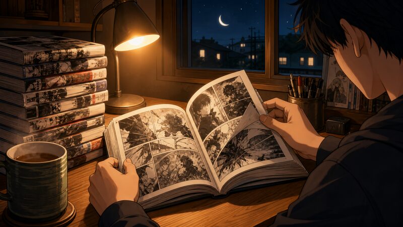 寄生獣の単行本を夜の机で読み返す様子をイメージしたイラスト