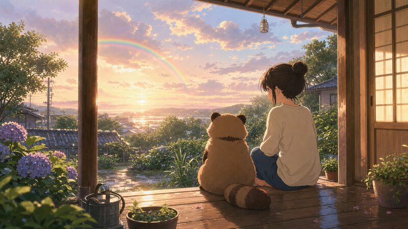雨上がりに寄り添う藤さんと「君」(Kimi) を描いたアニメ調イラスト(総括)