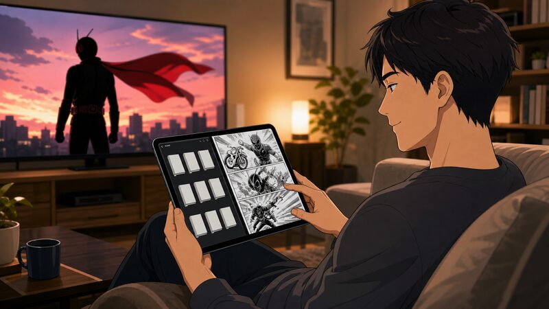 東島丹三郎は仮面ライダーになりたいの原作を電子書籍で読む場面