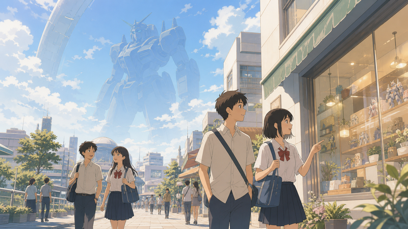 日常の街並みと空に浮かぶモビルスーツの影を重ねた、ガンダム未経験でも入りやすいジークアクスの世界観イメージ