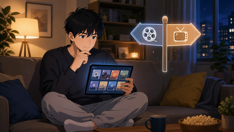 劇場版とTVシリーズどちらから見るか迷う視聴者と選択肢を示す道標のイメージイラスト