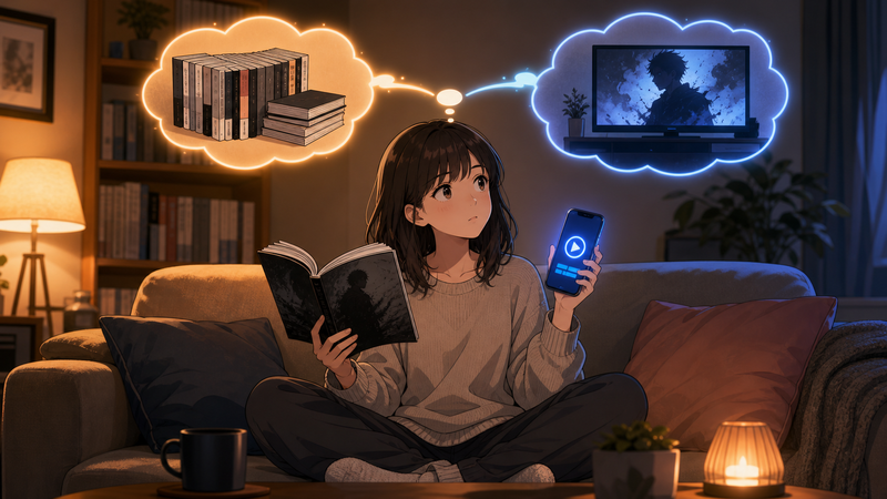 漫画とスマホの配信アプリを見比べながら続きの楽しみ方を考える読者のイメージ