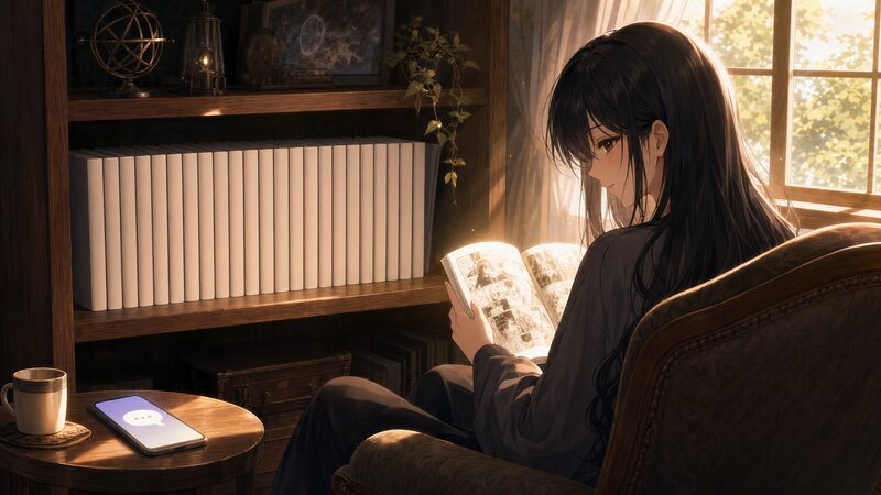 単行本を読み返しながら伏線を肯定的に受け止め直すイメージ