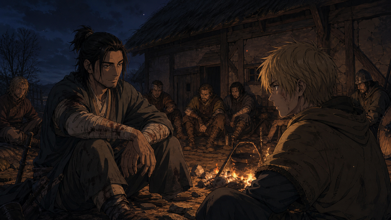 焚き火を囲み仲間に何かを語りかける蛇（スネーク）のアニメ調イラスト