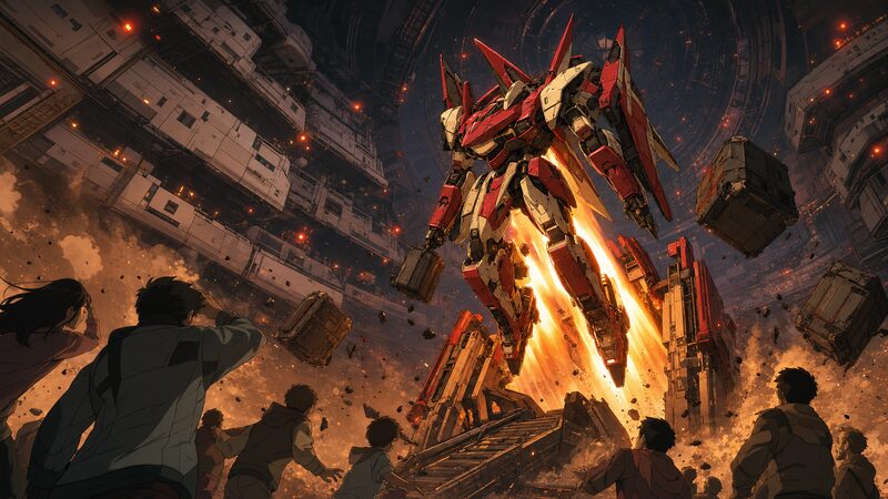 サイド7で赤いモビルスーツが奪い去られる分岐の瞬間を描いたイメージイラスト