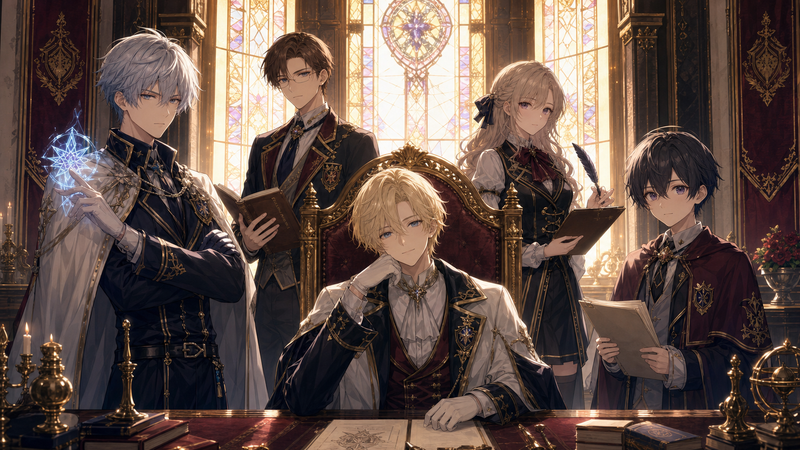 フェリクスを中心とした生徒会メンバー5人を描いたアニメ調イラスト