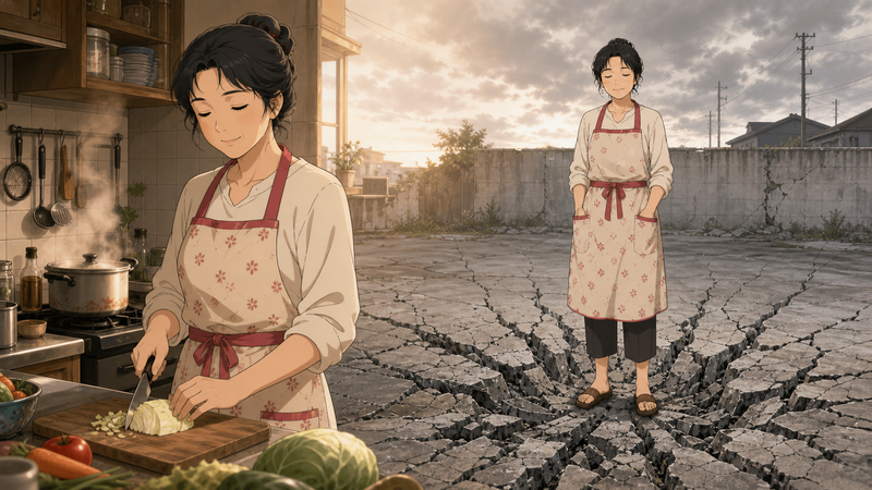 普通のおばさんを自称する母親の日常的な佇まいのイメージ