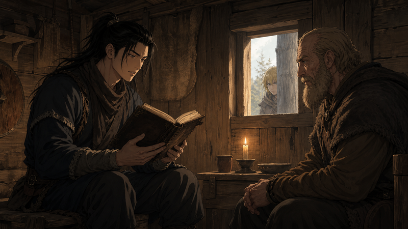 聖書を朗読する蛇（スネーク）と窓の外から見守るトルフィンのアニメ調イラスト