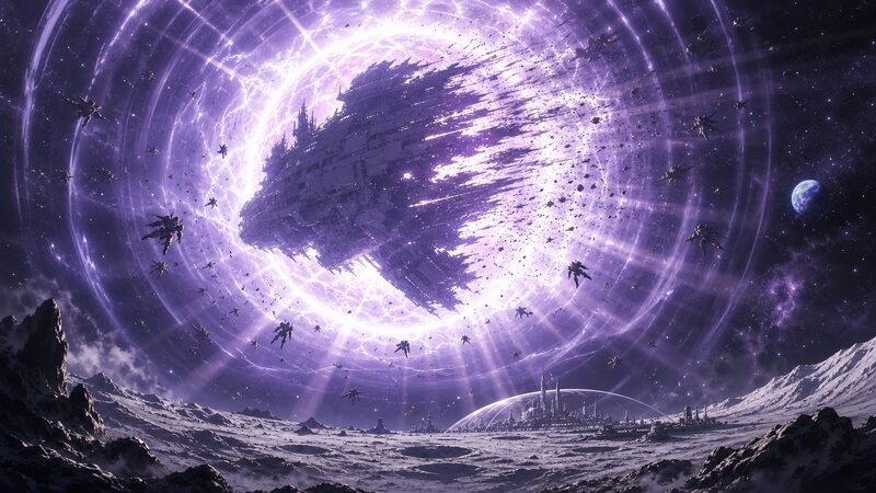 月面都市グラナダ上空で宇宙要塞が光に呑まれるゼクノヴァのイメージイラスト