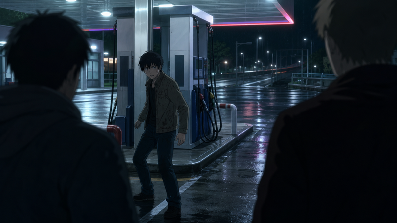 アニメ2期のオリジナルシーンを象徴する夜のガソリンスタンドでの緊迫した場面