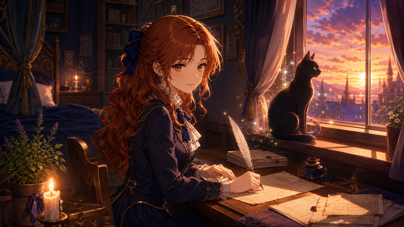 イザベル・ノートンと使い魔ネロを描いたアニメ調イラスト