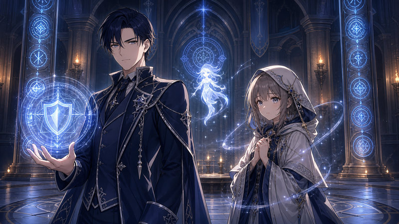 ルイス・ミラーとモニカの七賢人としての関係を描いたアニメ調イラスト