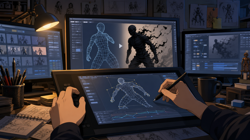 3DCGアニメの制作現場でモーションを手作業修正する様子を象徴するイメージ
