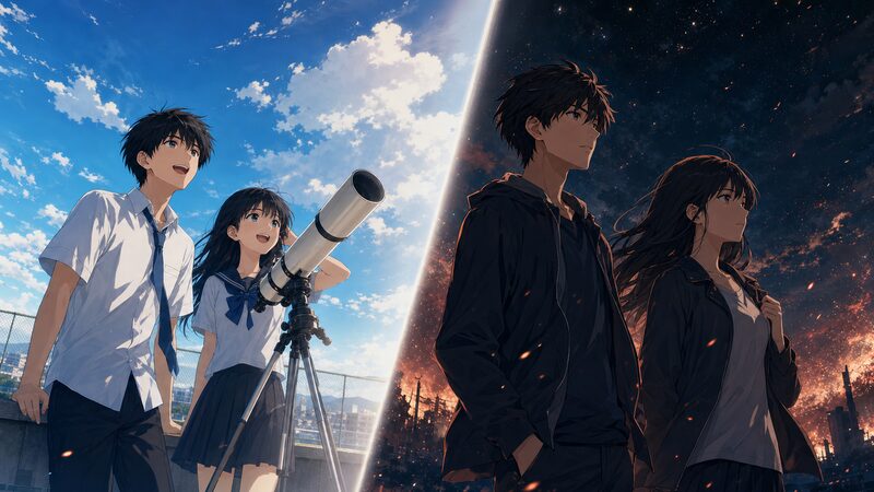アニメ版の序盤と原作コミック終盤の違いを対比したイメージ