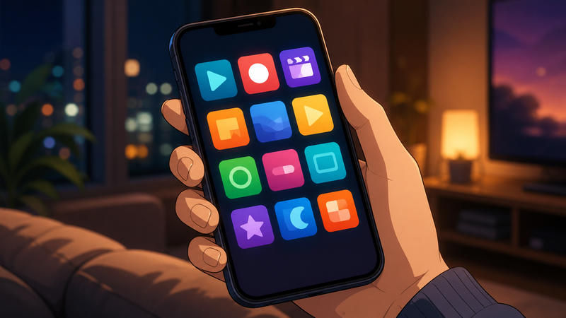 スマートフォンで配信サービスを選んで視聴を始めるイメージイラスト