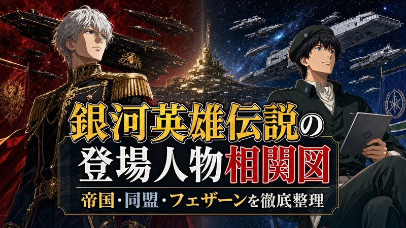 銀河英雄伝説の登場人物相関図イメージ、帝国と同盟の指揮官を象徴するイラスト
