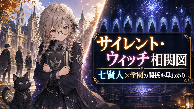 サイレント・ウィッチ相関図｜七賢人と学園の2つの世界をイメージしたアニメ調イラスト