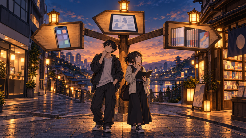 アンダーニンジャの公式の入口を見分けて三つの道から選ぶ二人を描いたアニメ調イラスト