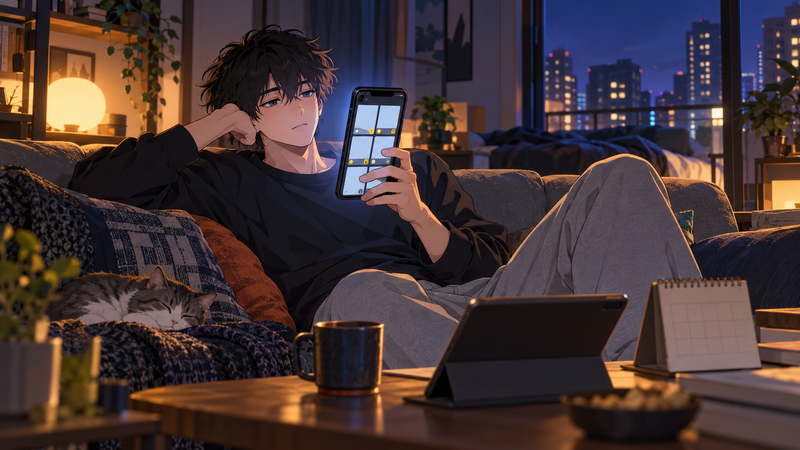 アンダーニンジャを漫画アプリで一話ずつ表示を確かめながら読む男性を描いたアニメ調イラスト