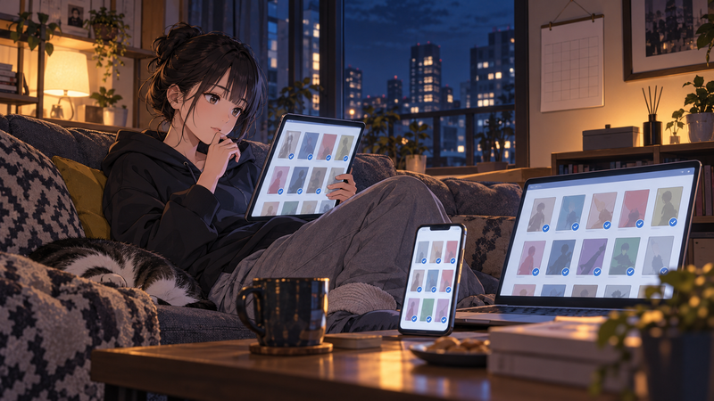 アンダーニンジャの電子書籍を複数のストアで見比べる読者を描いたアニメ調イラスト