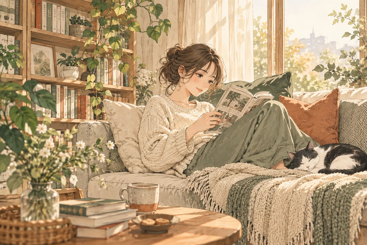 猫のそばで漫画を楽しむ、穏やかな読書の時間